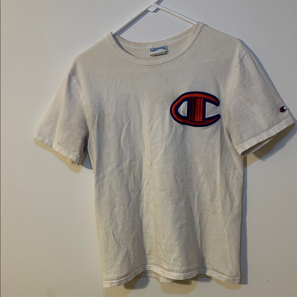 Vintage Champion Classic White Tee with Red and Blue Emblem
